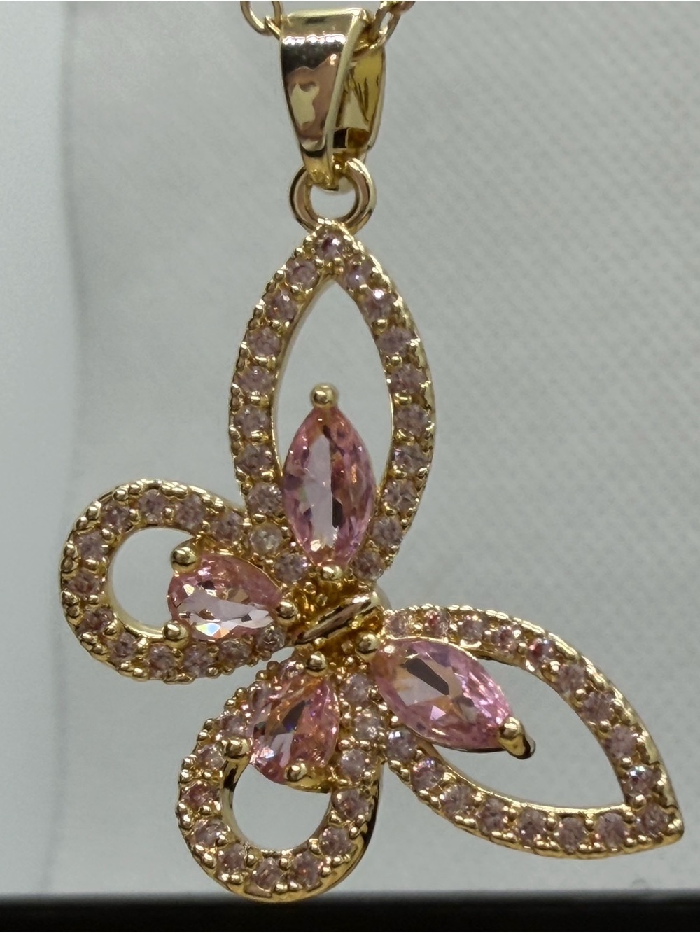 Gold-Tone Pink Crystal Butterfly Pendant Necklace